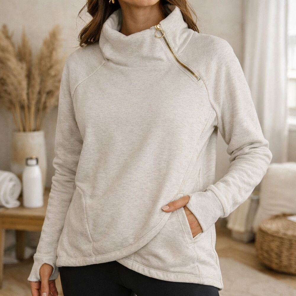 Athleta Cozy Karma Side Zip Funnel Neck Pullover Sweatshirt Size Small Oat